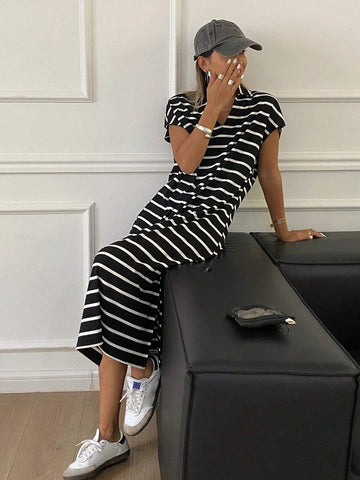 DAZY Striped Loose Sleeveless Turn-Down Collar Women's Dress