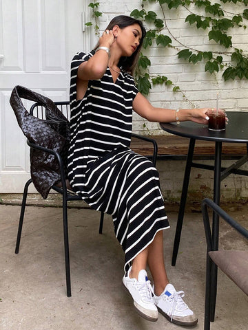 DAZY Striped Loose Sleeveless Turn-Down Collar Women's Dress