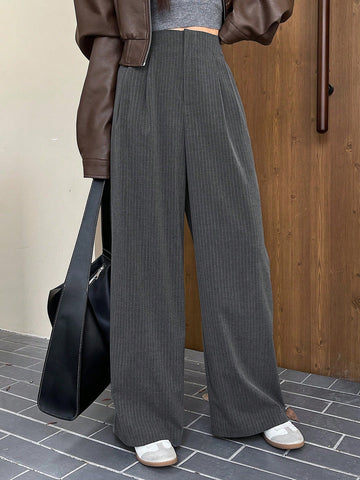 DAZY Striped Wide Leg Pants With Tuck Detail & Elastic Waist Pockets For Women
