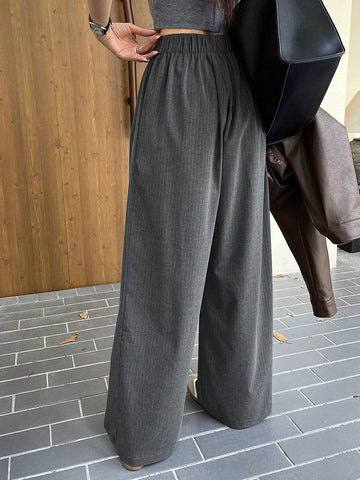 DAZY Striped Wide Leg Pants With Tuck Detail & Elastic Waist Pockets For Women