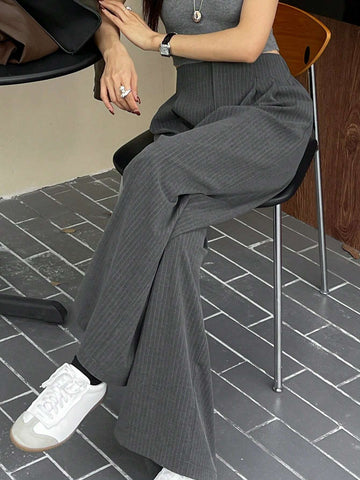 DAZY Striped Wide Leg Pants With Tuck Detail & Elastic Waist Pockets For Women