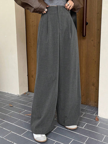 DAZY Striped Wide Leg Pants With Tuck Detail & Elastic Waist Pockets For Women