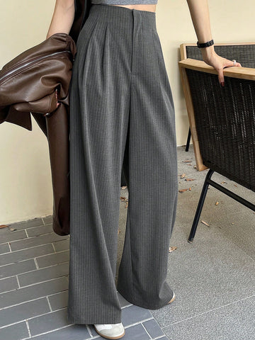 DAZY Striped Wide Leg Pants With Tuck Detail & Elastic Waist Pockets For Women