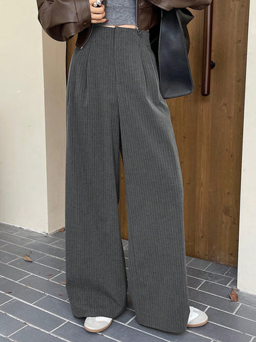 DAZY Striped Wide Leg Pants With Tuck Detail & Elastic Waist Pockets For Women