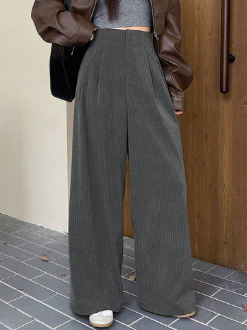 DAZY Striped Wide Leg Pants With Tuck Detail & Elastic Waist Pockets For Women
