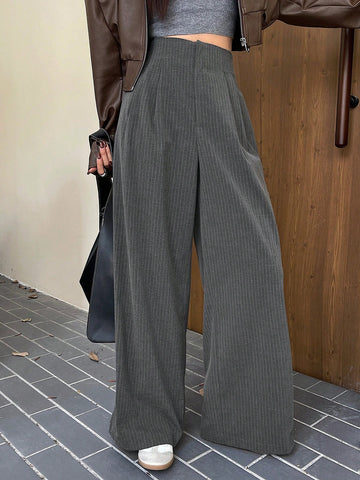 DAZY Striped Wide Leg Pants With Tuck Detail & Elastic Waist Pockets For Women