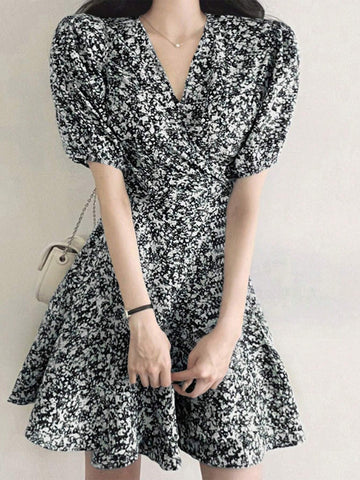DAZY Summer Mini Floral Print Bubble Sleeve Dress