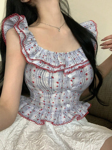DAZY Summer Sexy Vacation Colorblock Plaid Stripe Ruffle Patchwork Fitted Off-Shoulder Botanical Print Short Sleeve Women Blouse