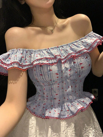 DAZY Summer Sexy Vacation Colorblock Plaid Stripe Ruffle Patchwork Fitted Off-Shoulder Botanical Print Short Sleeve Women Blouse
