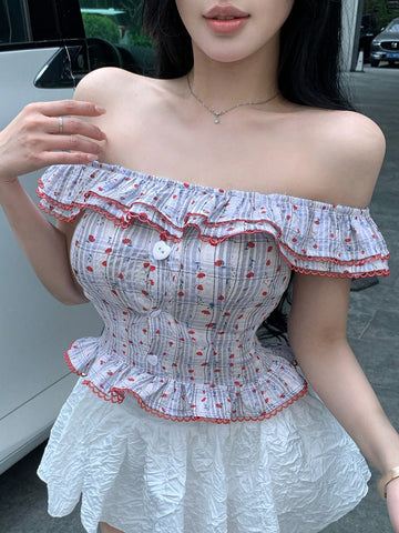 DAZY Summer Sexy Vacation Colorblock Plaid Stripe Ruffle Patchwork Fitted Off-Shoulder Botanical Print Short Sleeve Women Blouse