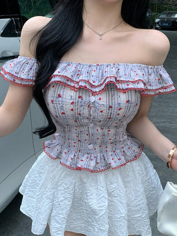 DAZY Summer Sexy Vacation Colorblock Plaid Stripe Ruffle Patchwork Fitted Off-Shoulder Botanical Print Short Sleeve Women Blouse