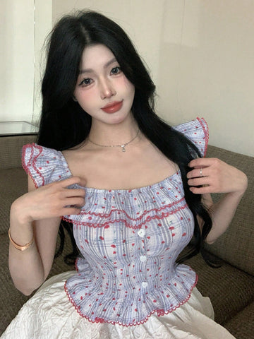 DAZY Summer Sexy Vacation Colorblock Plaid Stripe Ruffle Patchwork Fitted Off-Shoulder Botanical Print Short Sleeve Women Blouse