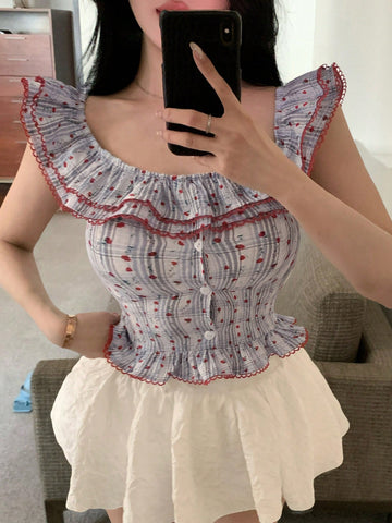 DAZY Summer Sexy Vacation Colorblock Plaid Stripe Ruffle Patchwork Fitted Off-Shoulder Botanical Print Short Sleeve Women Blouse