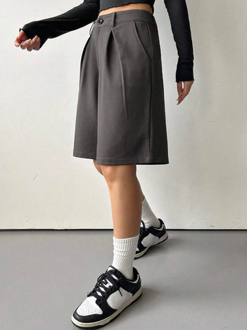 DAZY Summer Solid Color Pleated Casual Shorts With Slanted Pockets And Straight Cut