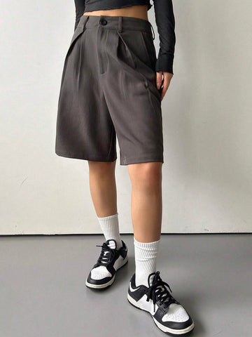 DAZY Summer Solid Color Pleated Casual Shorts With Slanted Pockets And Straight Cut