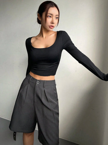 DAZY Summer Solid Color Pleated Casual Shorts With Slanted Pockets And Straight Cut