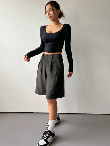 DAZY Summer Solid Color Pleated Casual Shorts With Slanted Pockets And Straight Cut