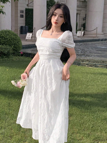 DAZY Texture Jacquard Square Neckline Puff Sleeve Short Sleeve Long Dress With Cinched Waist For Women