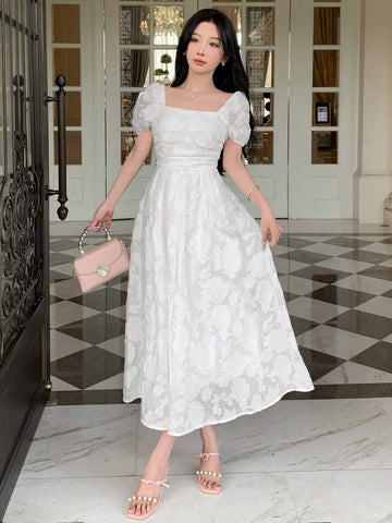 DAZY Texture Jacquard Square Neckline Puff Sleeve Short Sleeve Long Dress With Cinched Waist For Women