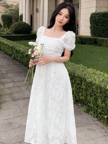 DAZY Texture Jacquard Square Neckline Puff Sleeve Short Sleeve Long Dress With Cinched Waist For Women