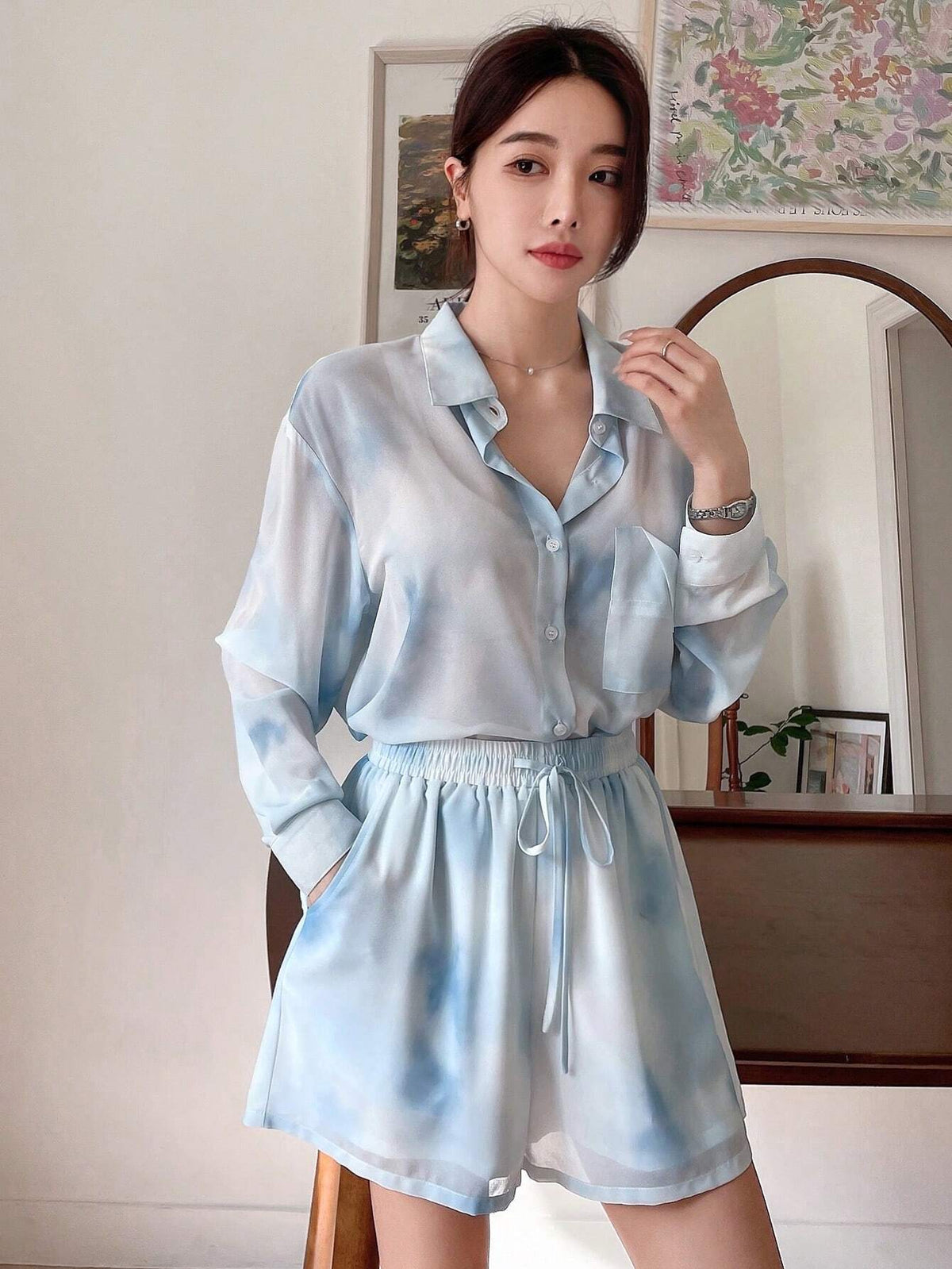 DAZY Tie-Dye Buttoned Collar Shirt With Pockets And Shorts