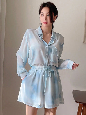 DAZY Tie-Dye Buttoned Collar Shirt With Pockets And Shorts