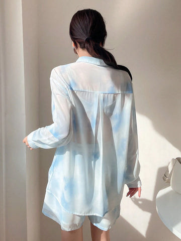 DAZY Tie-Dye Buttoned Collar Shirt With Pockets And Shorts