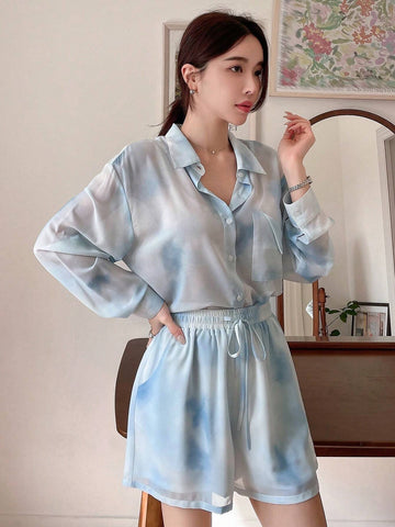 DAZY Tie-Dye Buttoned Collar Shirt With Pockets And Shorts
