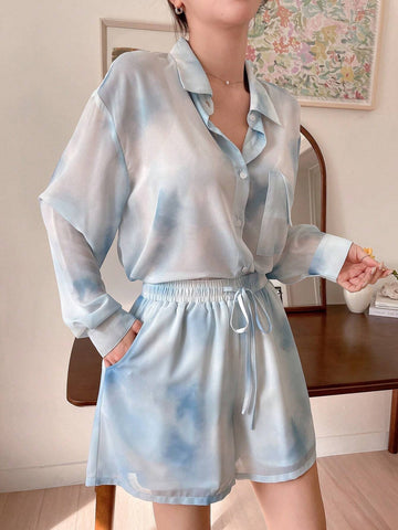 DAZY Tie-Dye Buttoned Collar Shirt With Pockets And Shorts