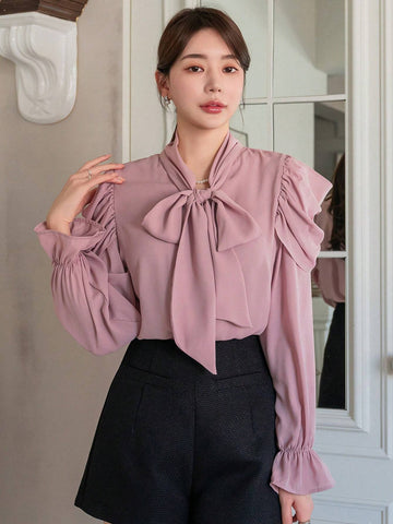 DAZY Tie Waist V-Neck Flare Sleeve Thin Chiffon Blouse
