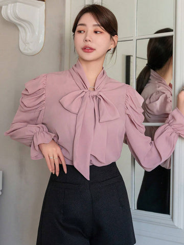 DAZY Tie Waist V-Neck Flare Sleeve Thin Chiffon Blouse