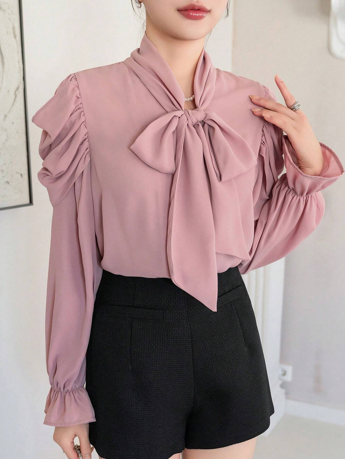 DAZY Tie Waist V-Neck Flare Sleeve Thin Chiffon Blouse