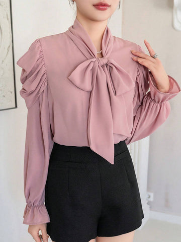 DAZY Tie Waist V-Neck Flare Sleeve Thin Chiffon Blouse