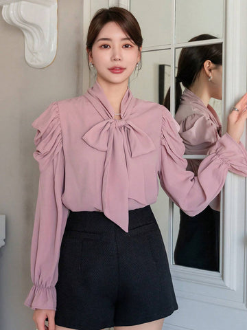 DAZY Tie Waist V-Neck Flare Sleeve Thin Chiffon Blouse