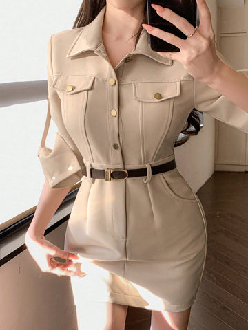 DAZY Utility Style Waist Cinched 7/8 Sleeve Dress With Large Pockets, Urban Inspired