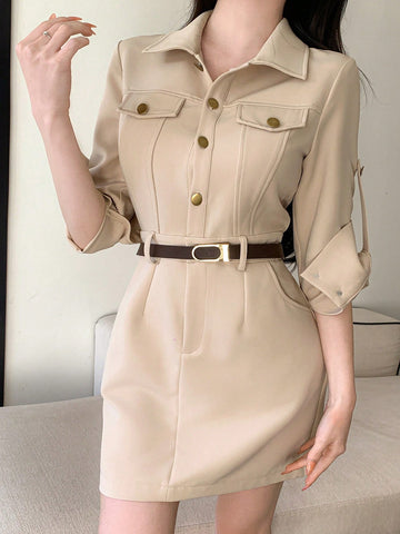 DAZY Utility Style Waist Cinched 7/8 Sleeve Dress With Large Pockets, Urban Inspired