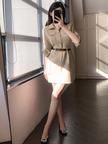 DAZY Utility Style Waist Cinched 7/8 Sleeve Dress With Large Pockets, Urban Inspired