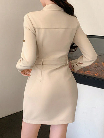 DAZY Utility Style Waist Cinched 7/8 Sleeve Dress With Large Pockets, Urban Inspired