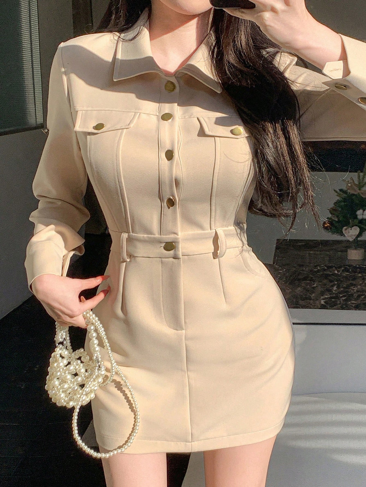 DAZY Utility Style Waist Cinched 7/8 Sleeve Dress With Large Pockets, Urban Inspired