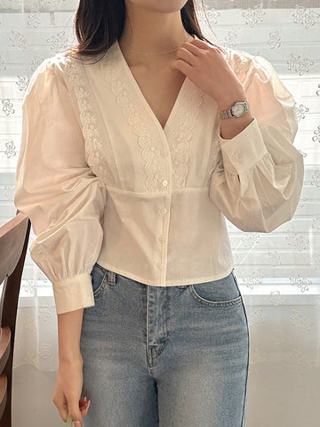 DAZY V-Neck Design Feminine Long Sleeve Blouse For Women