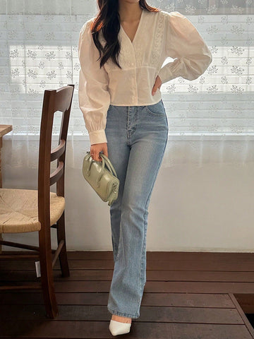 DAZY V-Neck Design Feminine Long Sleeve Blouse For Women