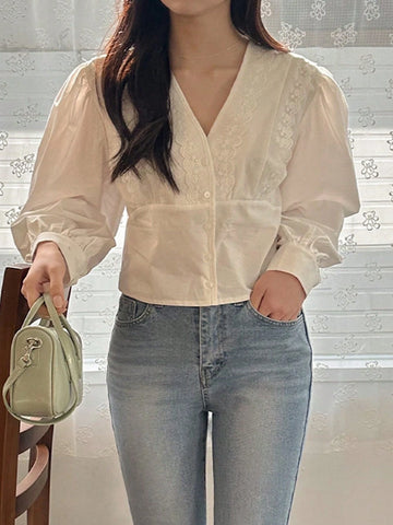 DAZY V-Neck Design Feminine Long Sleeve Blouse For Women