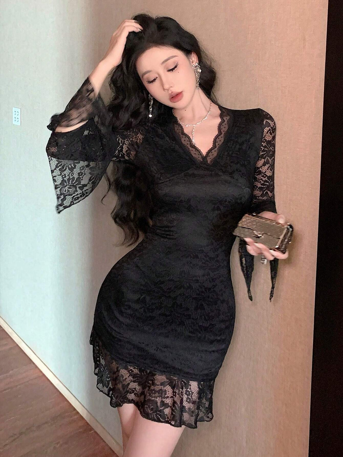 DAZY V-Neck Lace Panel Flare Sleeve Mini Dress For Women, Suitable For Party