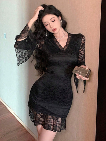 DAZY V-Neck Lace Panel Flare Sleeve Mini Dress For Women, Suitable For Party