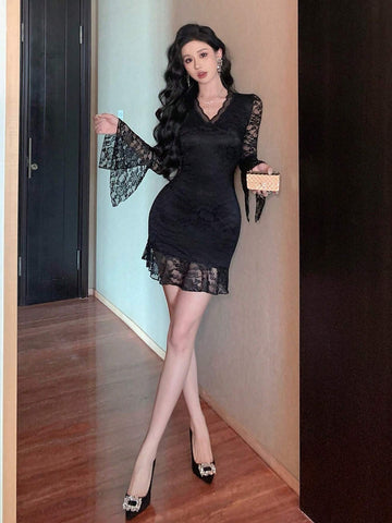 DAZY V-Neck Lace Panel Flare Sleeve Mini Dress For Women, Suitable For Party