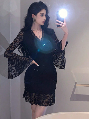 DAZY V-Neck Lace Panel Flare Sleeve Mini Dress For Women, Suitable For Party