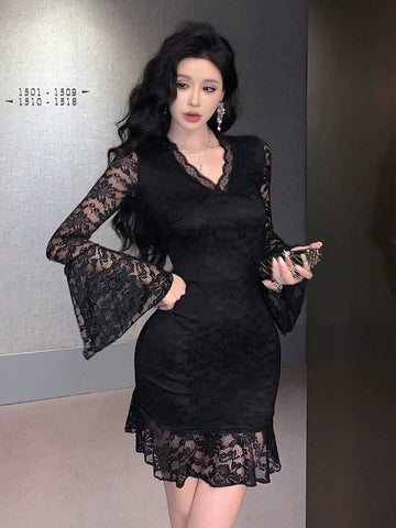 DAZY V-Neck Lace Panel Flare Sleeve Mini Dress For Women, Suitable For Party