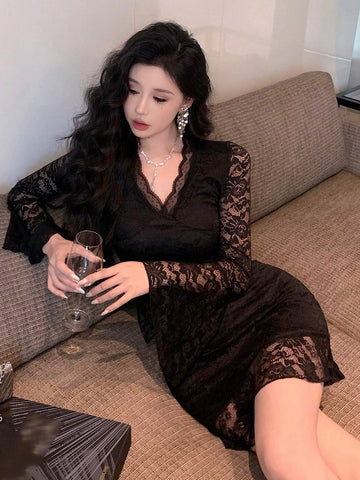 DAZY V-Neck Lace Panel Flare Sleeve Mini Dress For Women, Suitable For Party
