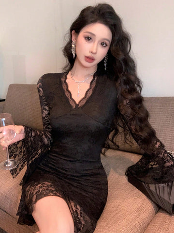 DAZY V-Neck Lace Panel Flare Sleeve Mini Dress For Women, Suitable For Party