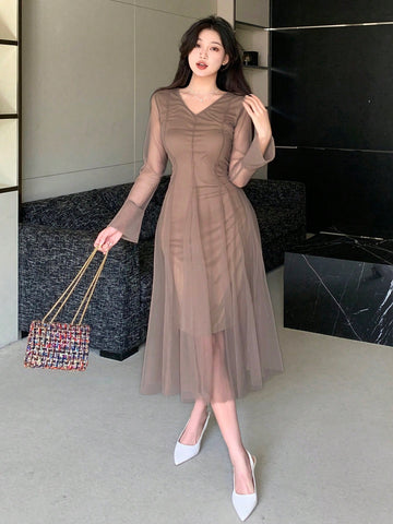DAZY V-Neck Mesh Overlay Bell Sleeve Dress